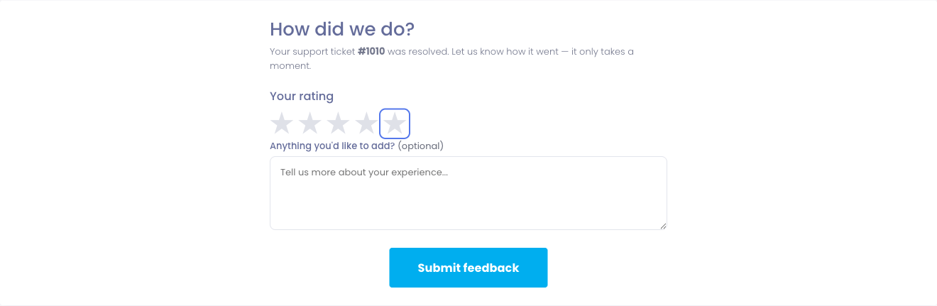 The satisfaction survey a requester receives, with a five-star rating and an optional comment