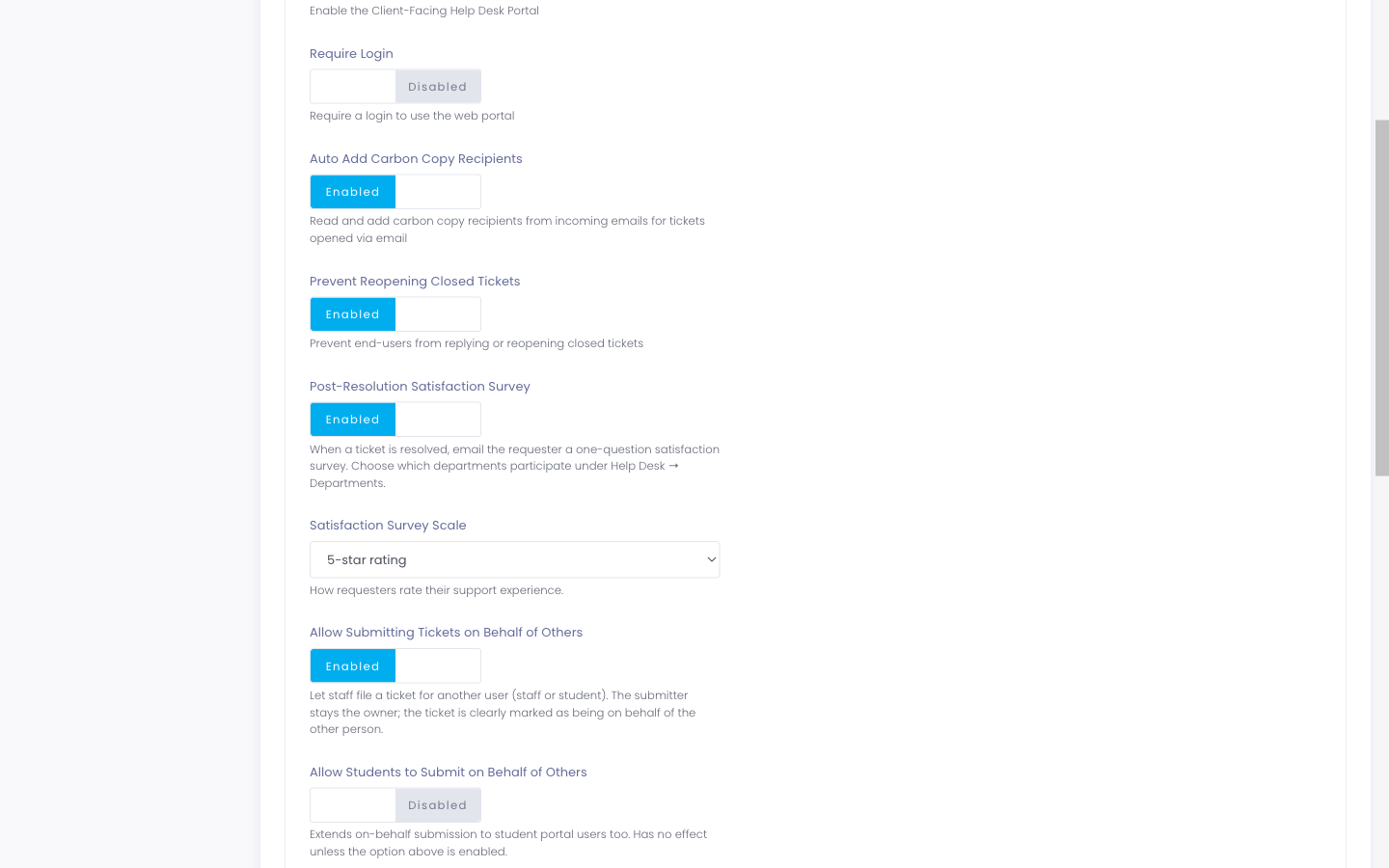 The Help Desk settings, showing the survey toggle and the scale selector