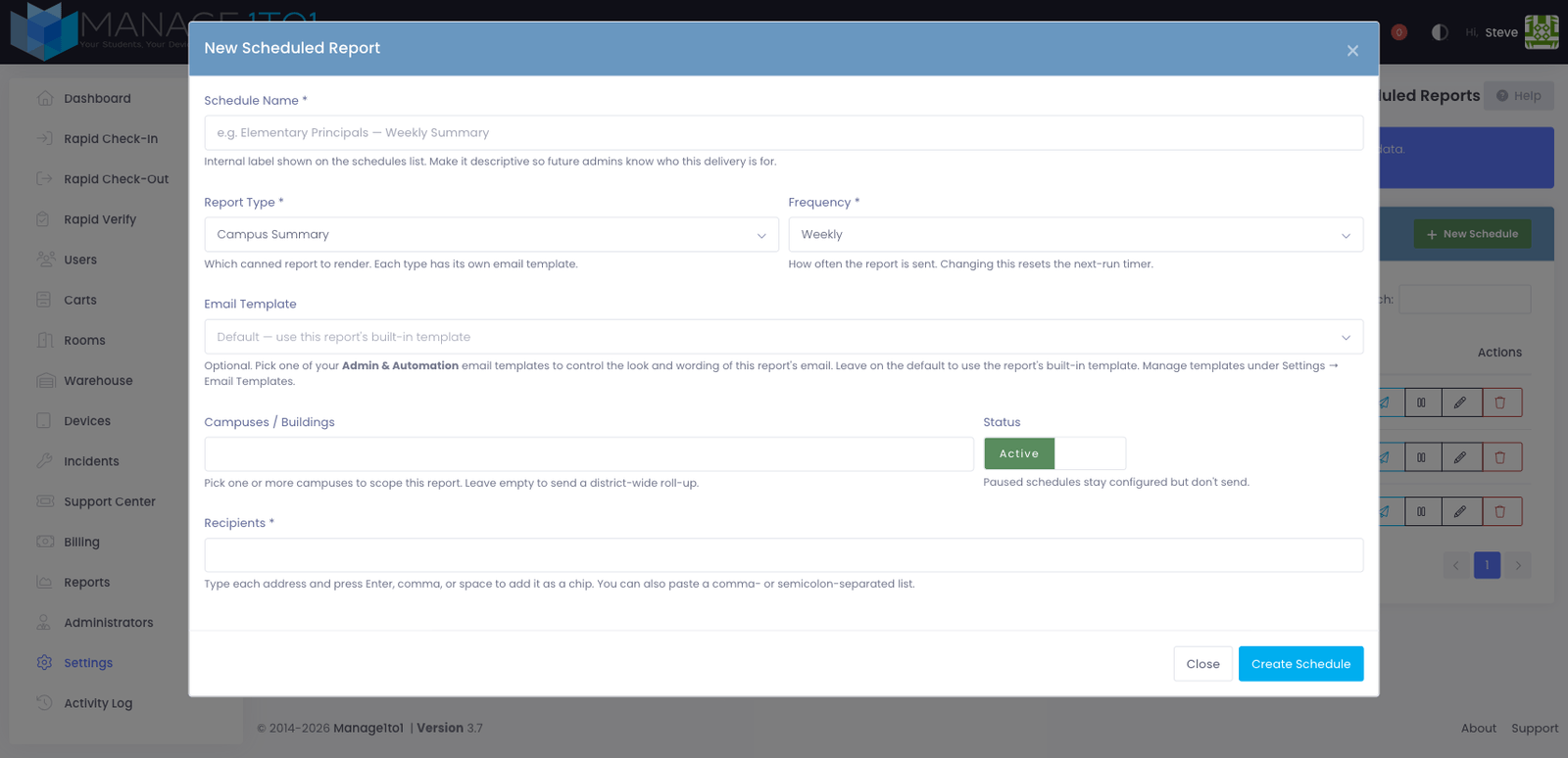 The New Scheduled Report form — report type, frequency, the optional Email Template picker, campuses, status, and recipients