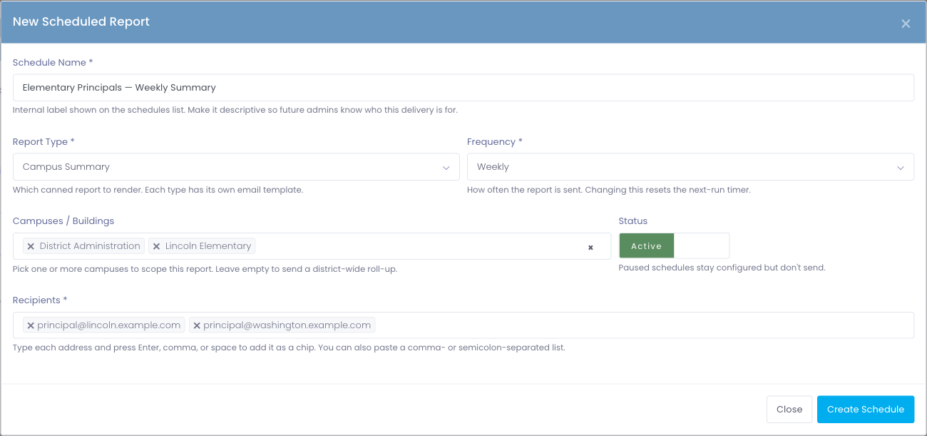 New Scheduled Report modal with a Campus Summary configured for two campuses