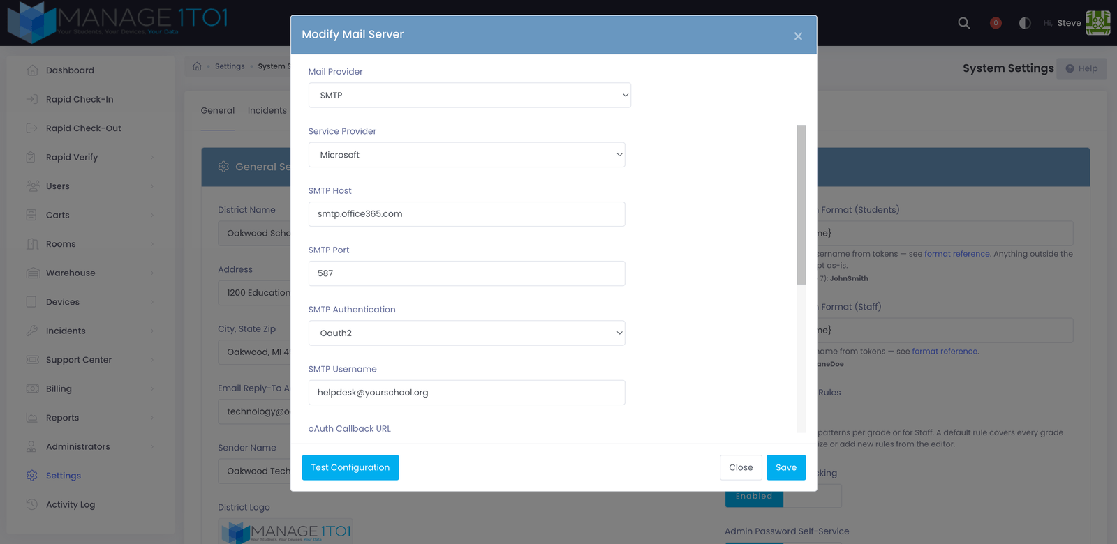 The Modify Mail Server screen set to SMTP, Microsoft, and OAuth2, showing the callback URL, client fields, and Connect button