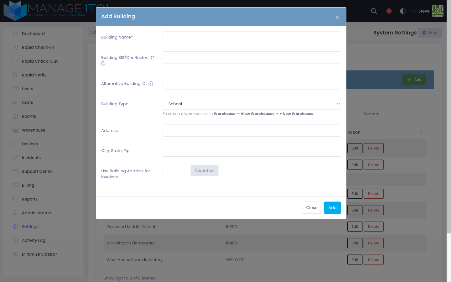 Add Building modal — Building Type dropdown only offers School, with helper text pointing at the Warehouses page