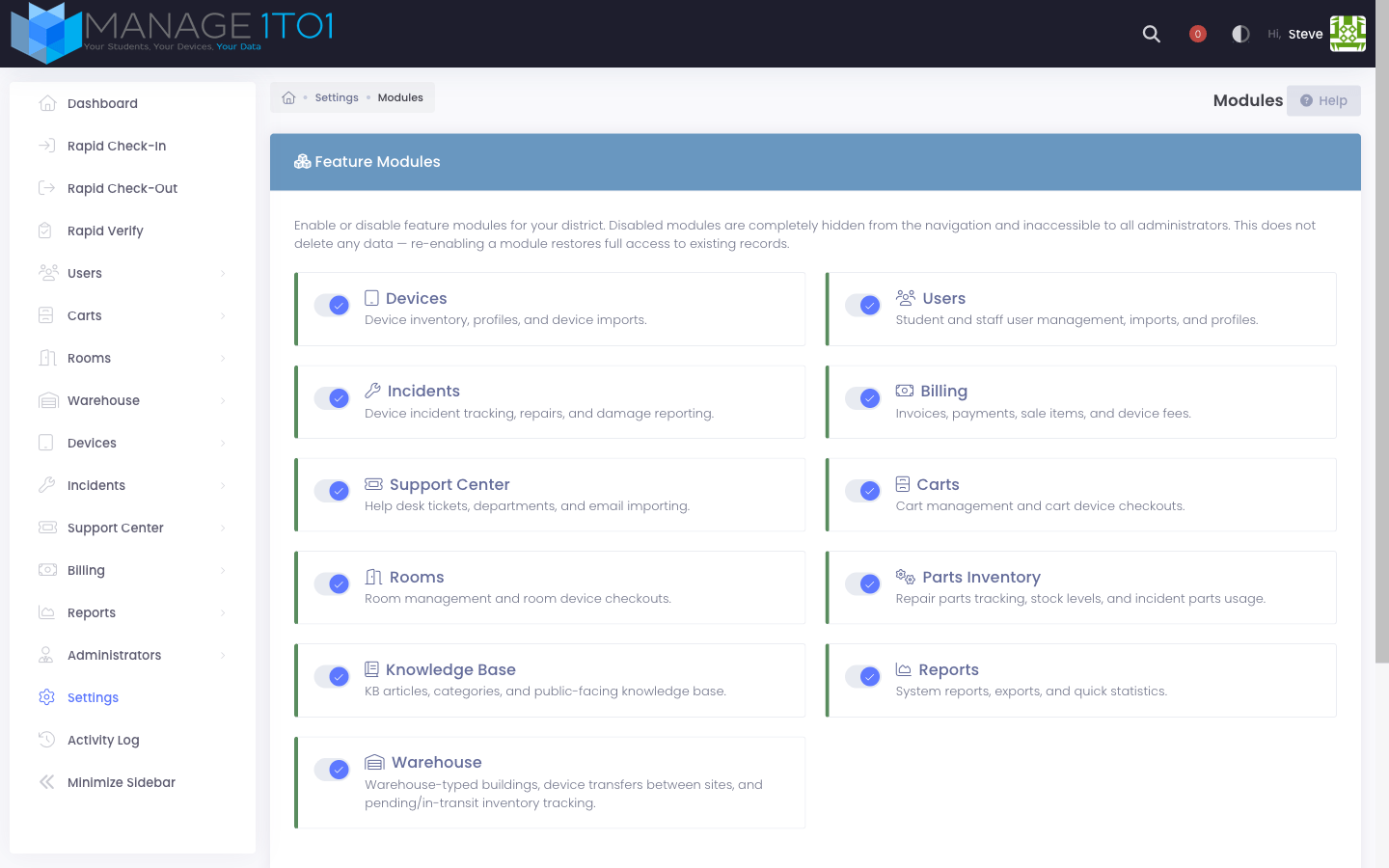 Settings → Modules — Warehouse tile shown alongside the other optional modules