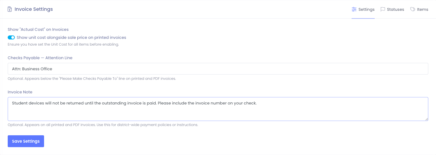 Settings tab with example values filled in
