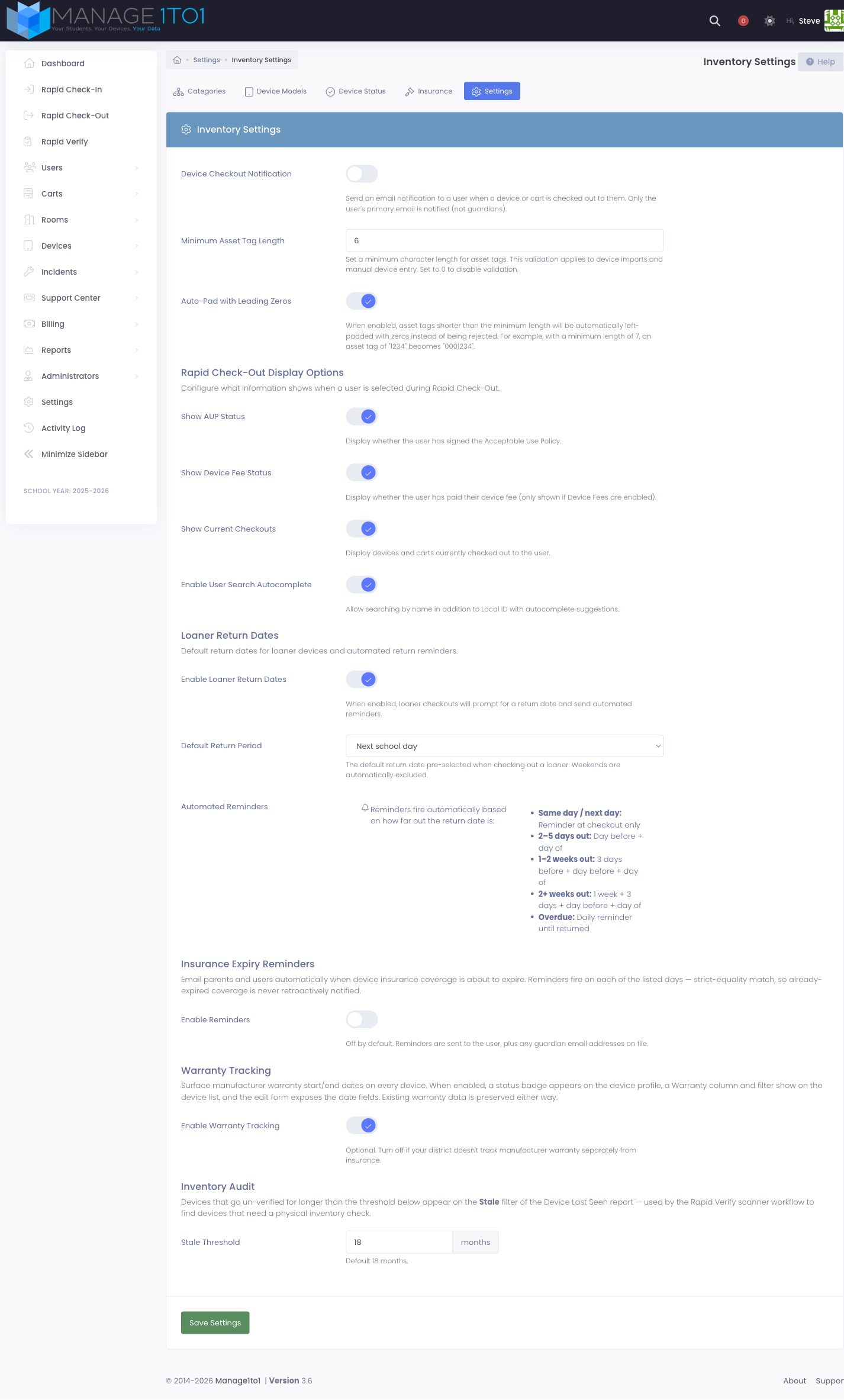 Settings tab with the configurable toggles and number fields