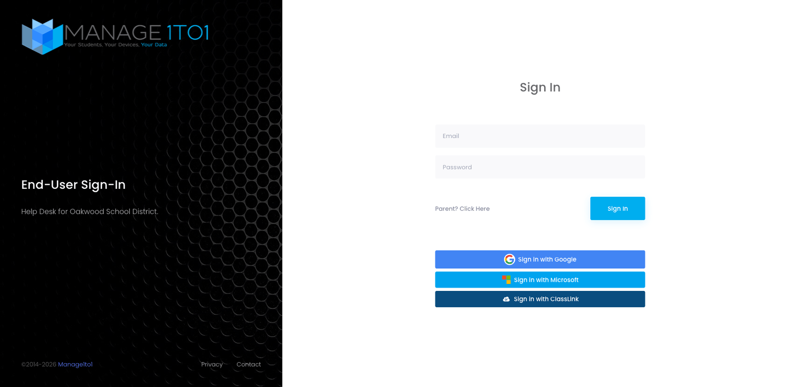 Sign-in screen with email + password fields and Google / Microsoft / ClassLink buttons