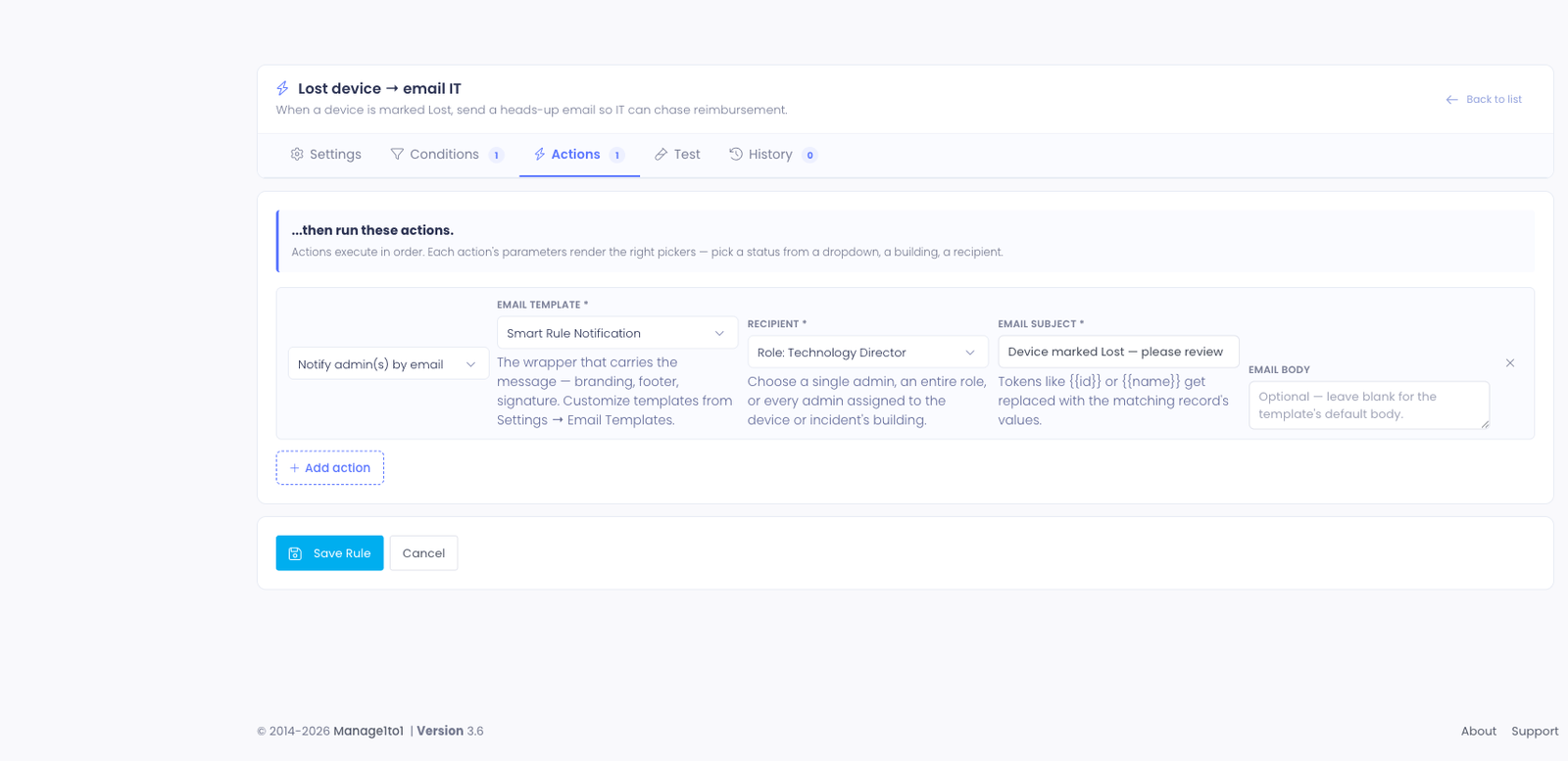 Actions tab — Notify admin(s) by email row with Recipient, Email subject, and Email body fields