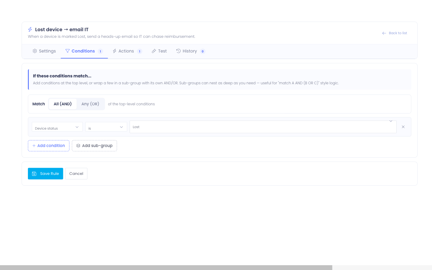 Conditions tab — top-level match toggle, condition row with field/operator/value dropdowns, Add condition and Add sub-group buttons
