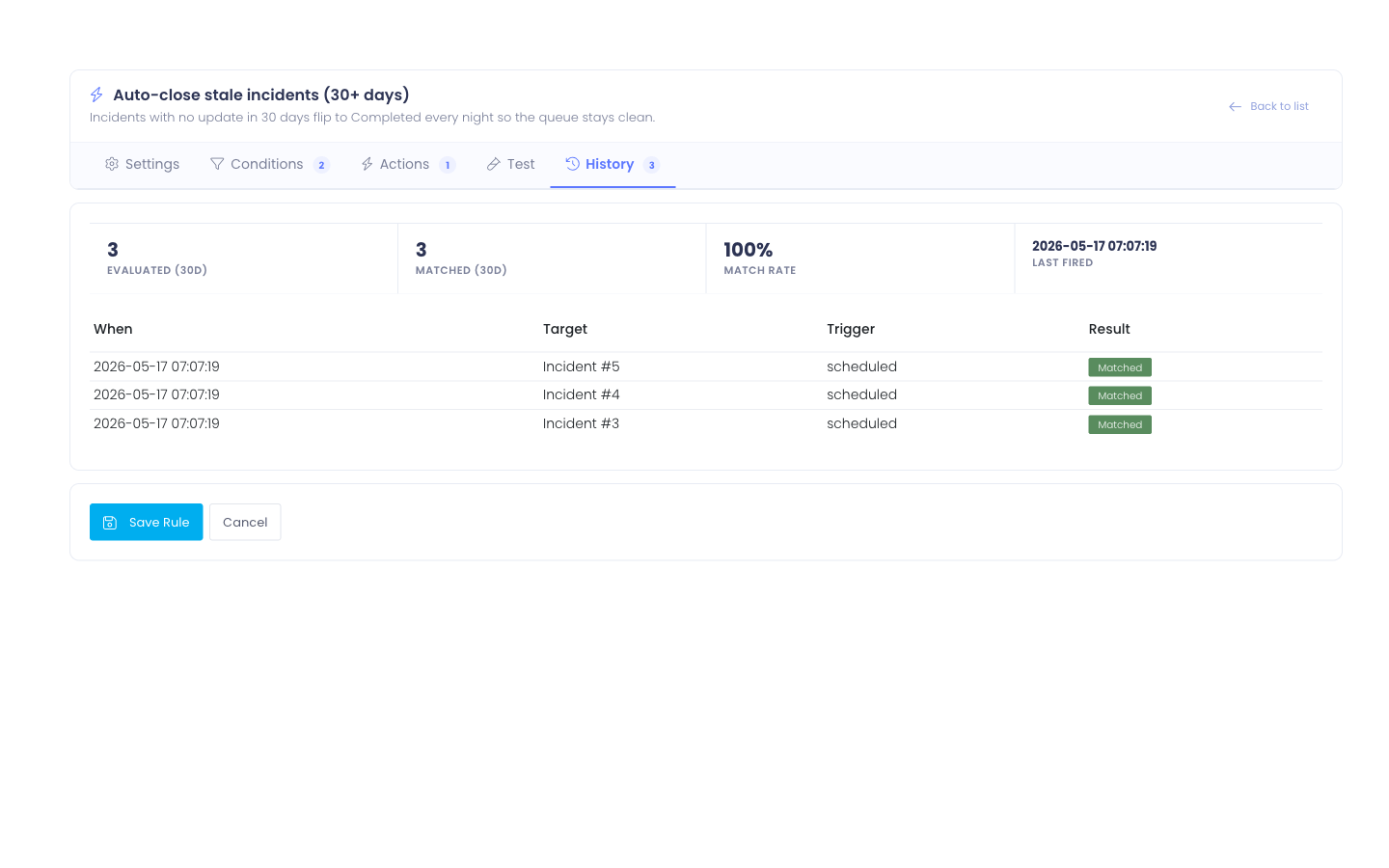History tab — 30-day stats and recent run rows showing which records the rule matched