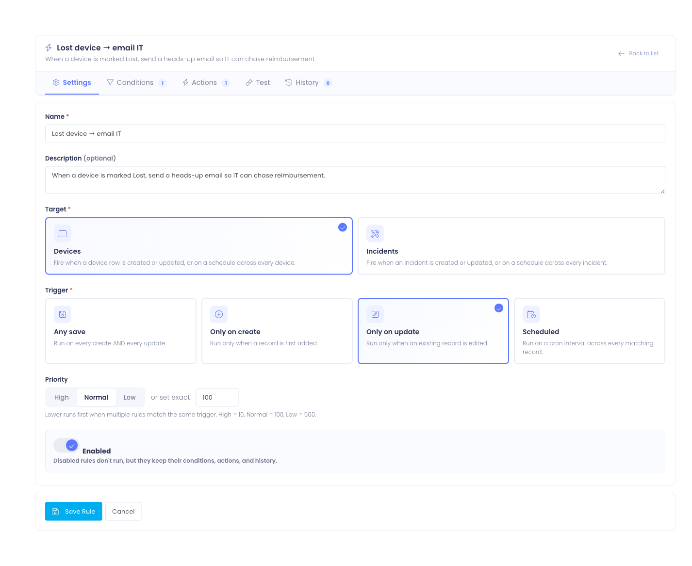 Smart Rule edit page — Settings tab with target, trigger, schedule, priority, and enabled controls