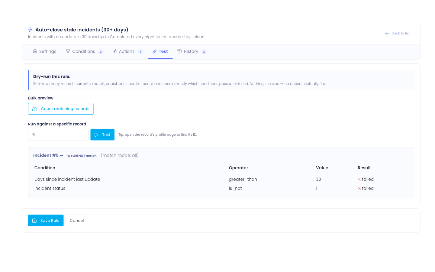Test tab — bulk preview button + per-record dry run showing condition-by-condition pass/fail breakdown
