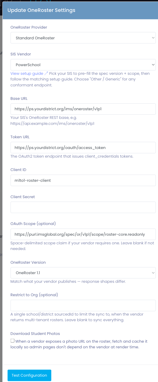 The Standard OneRoster configuration form with the SIS Vendor preset selected