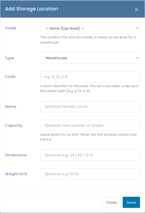 The Add Storage Location form with fields for the parent location, type, code, name, and optional capacity