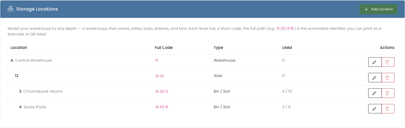 The Storage Locations panel under Inventory Settings, showing a warehouse broken into aisles, bays, and bins