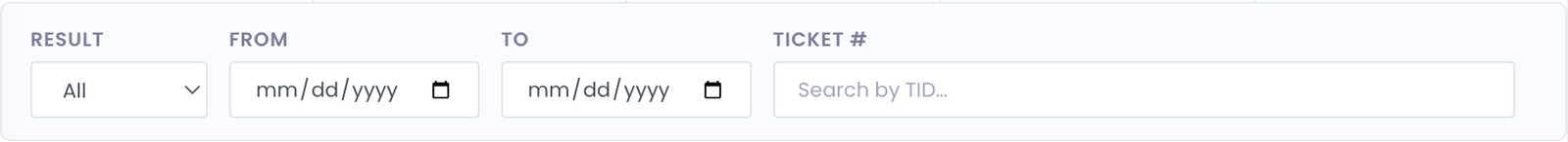The History tab filter bar with Result dropdown, From/To date fields, and Ticket # search