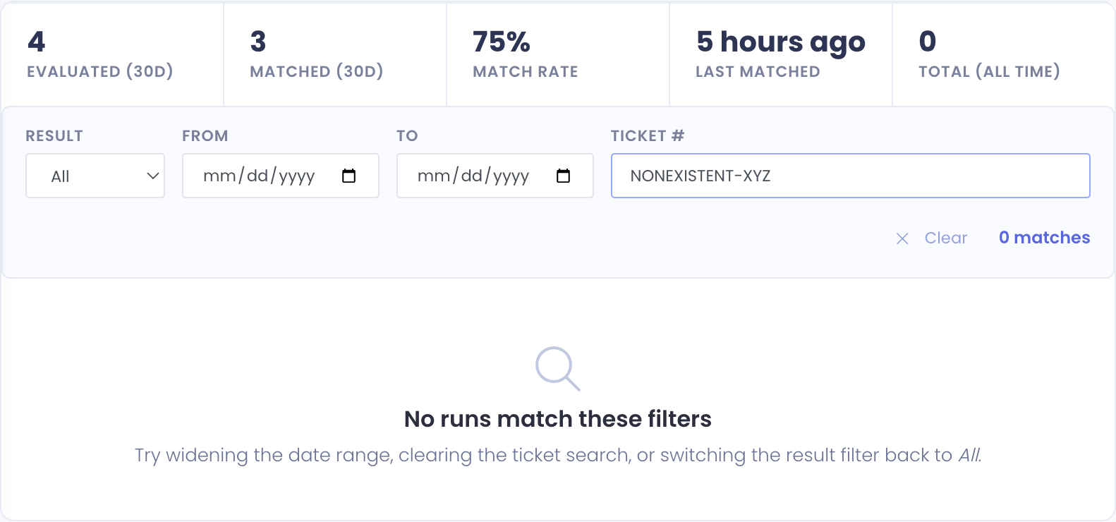 No-matches state with hint to widen the date range or clear the search