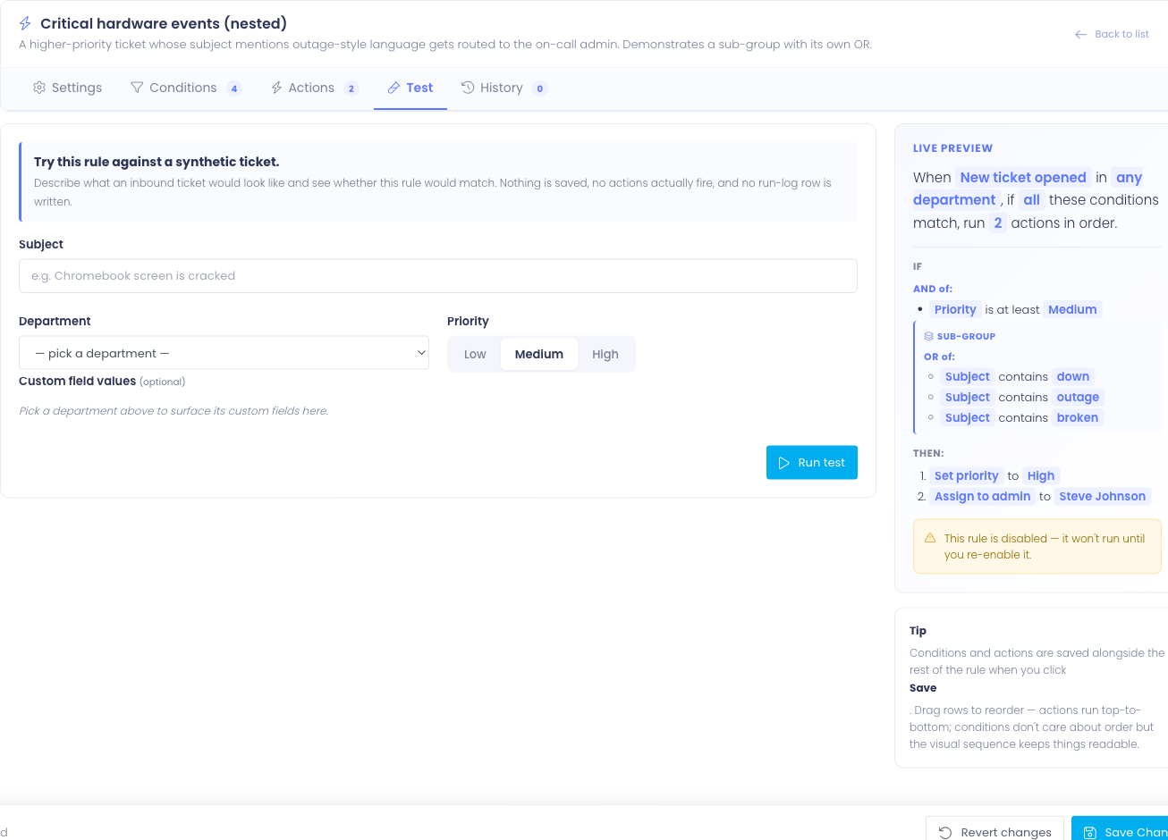 The Test tab with the synthetic ticket form