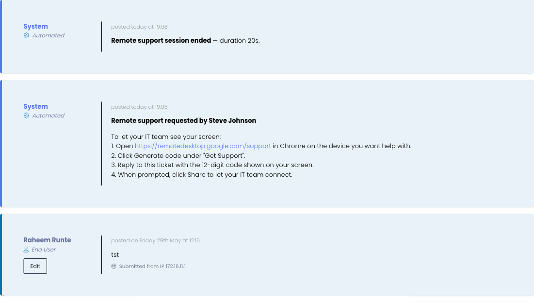 Ticket conversation showing both system events — session requested at top, session ended below, with the original user reply