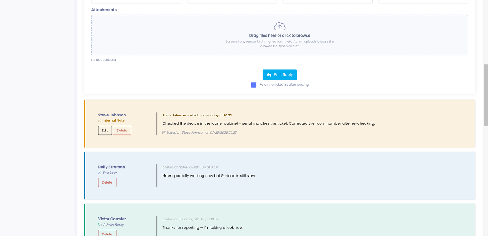A ticket conversation showing an internal note with an Edit button and an "Edited by" indicator, while the user reply and admin reply below it show only Delete
