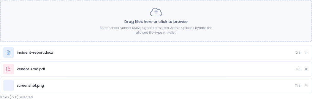 Drop zone with three staged files: a Word document, a PDF, and a screenshot