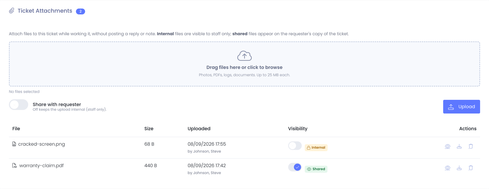 The Ticket Attachments panel with two attached files, one internal and one shared with the requester