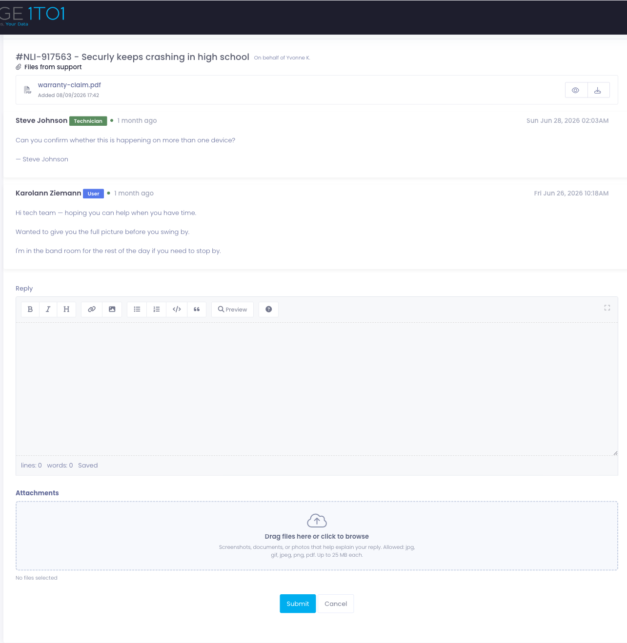 The requester's User Portal ticket showing a shared file under the Files from support heading