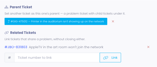 The Related Tickets section listing a linked ticket with a remove control, and a field to link another ticket by number