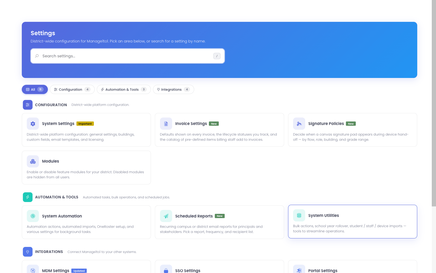 Step 1: Settings hub