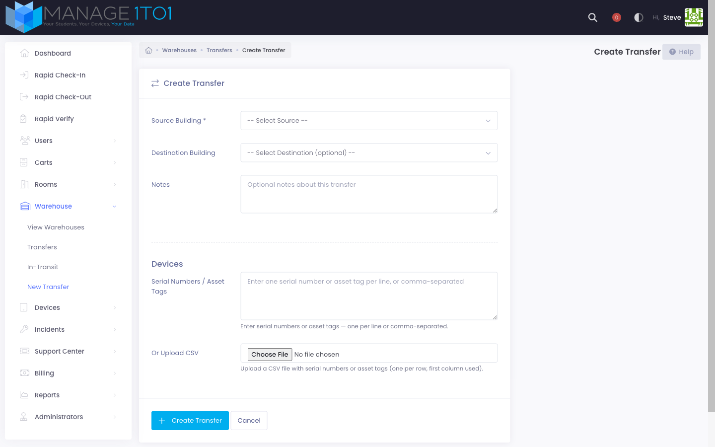 New Transfer form — Source and Destination Select2 dropdowns, Notes textarea, device identifier list, CSV upload field