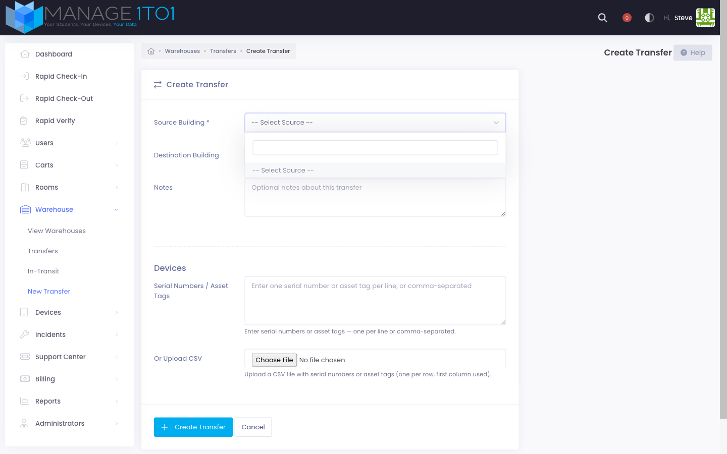 New Transfer building picker open — schools and warehouses appear under separate optgroup headings