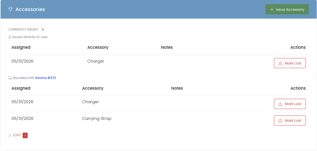 User profile Accessories card showing bundled grouping under device asset tag