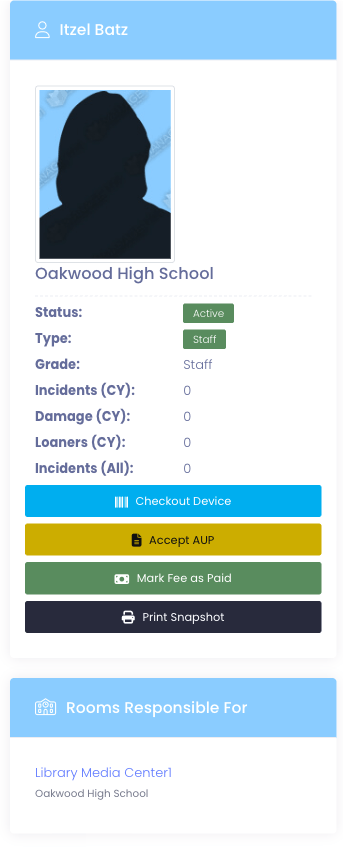 User profile left column showing the User Summary card above a Rooms Responsible For card listing one room
