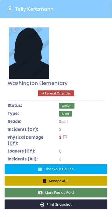 User profile snapshot showing a Repeat Offender badge and a red Physical Damage counter