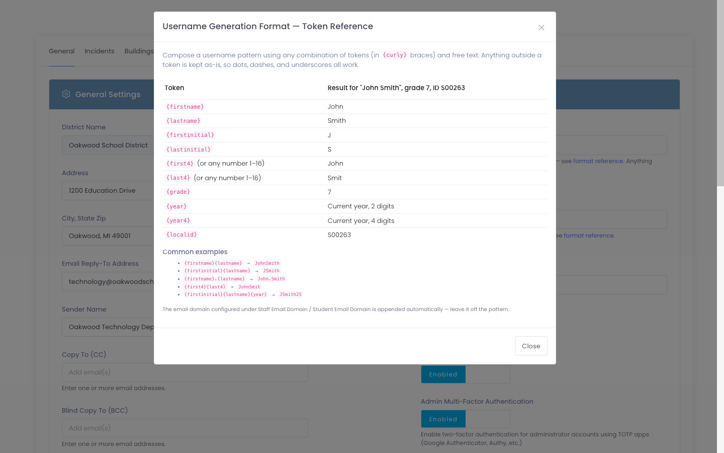Username Generation Format token reference modal