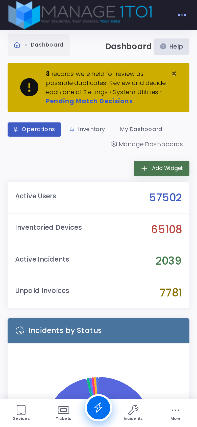 The mobile dashboard with the bottom tab bar: Devices, Tickets, a center quick-action button, Incidents, and More