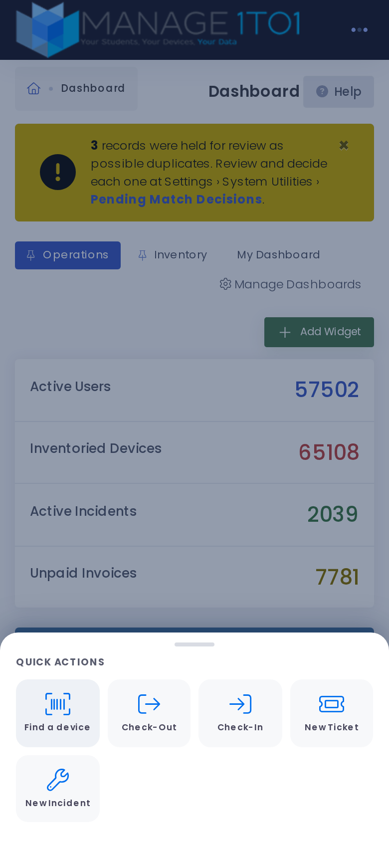 The Quick Actions sheet with Find a device, Check-Out, Check-In, New Ticket, and New Incident