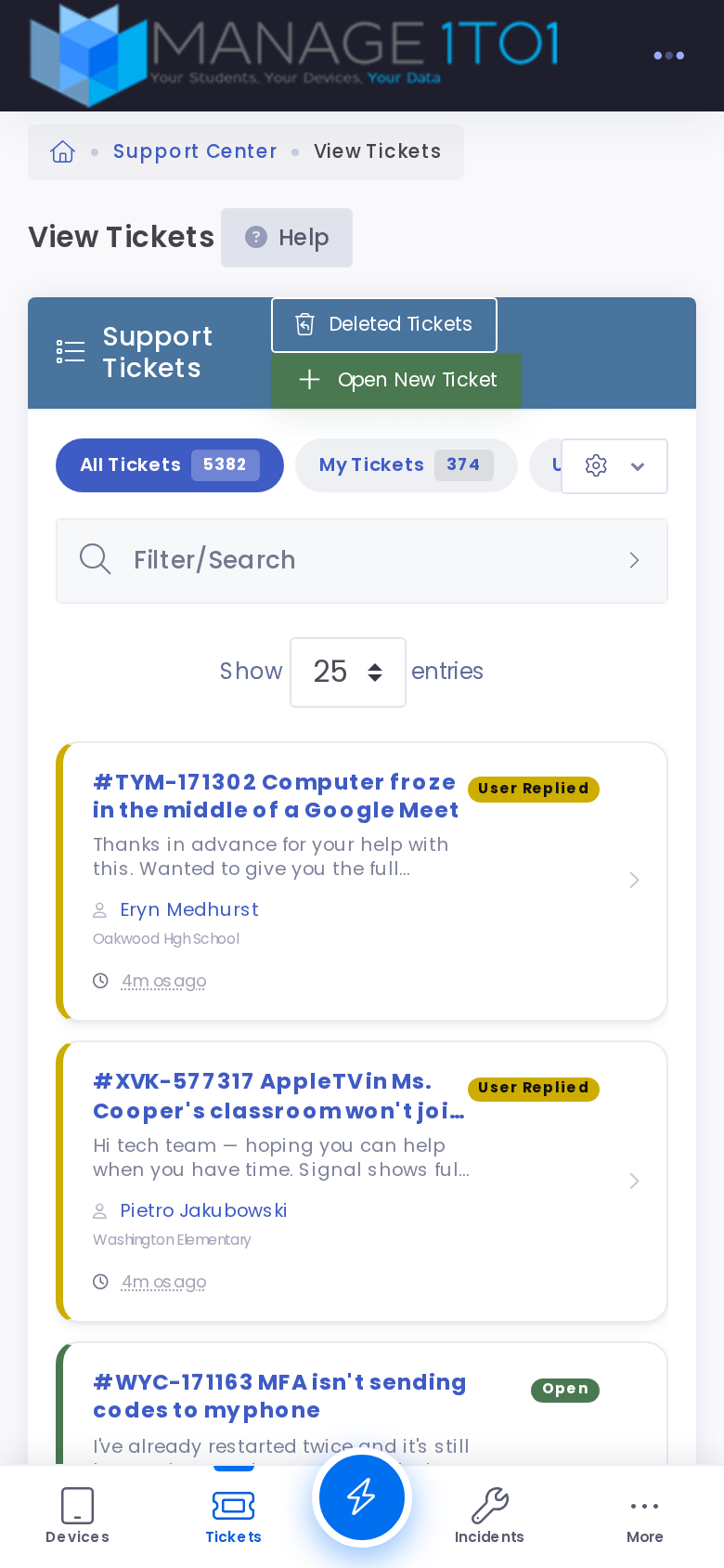 The ticket queue as stacked cards, each showing the ticket number and subject, a status pill, a snippet of the problem, the submitter and their building, and how long ago it came in