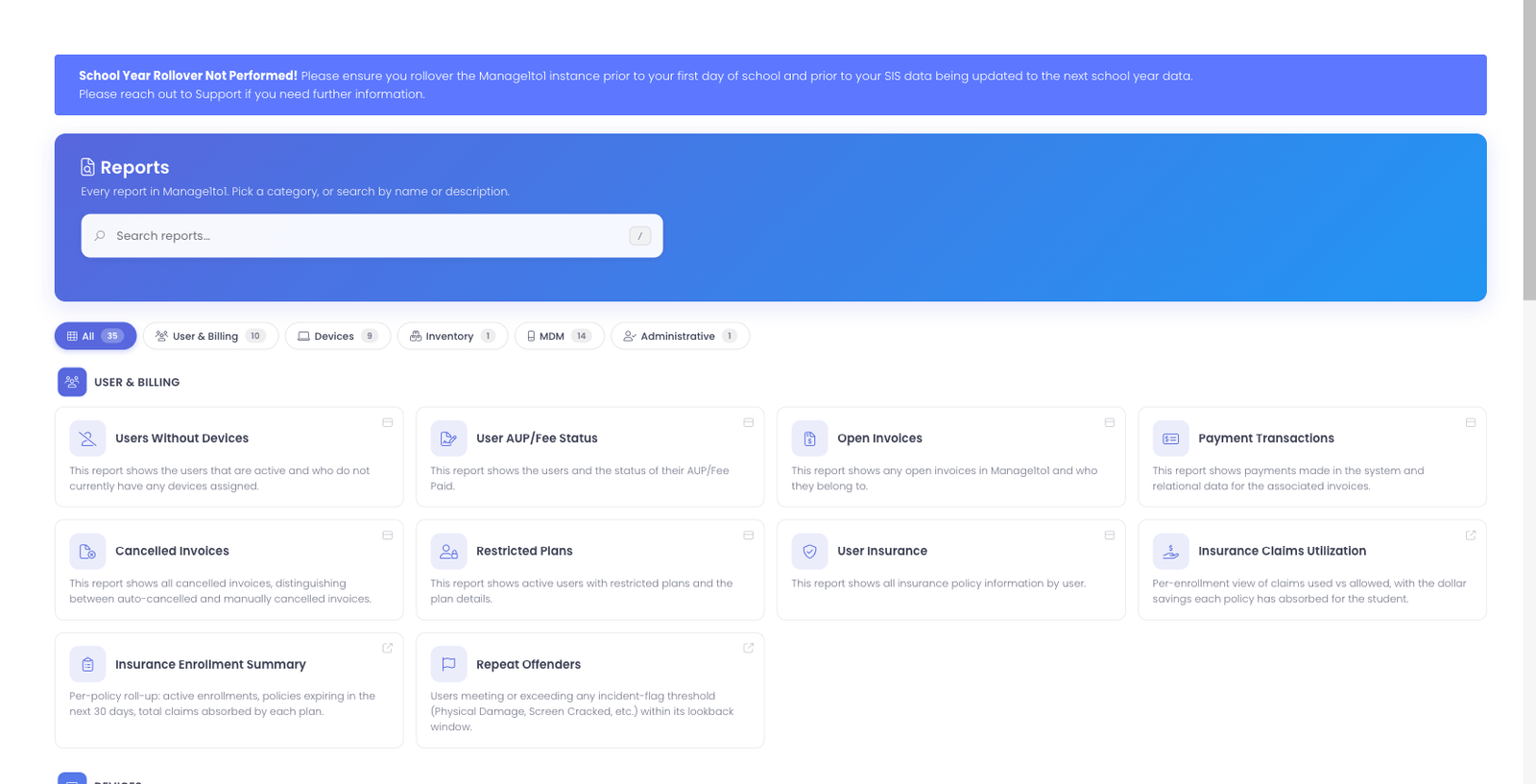 The View Reports catalog with a search box, category filter chips, and report cards