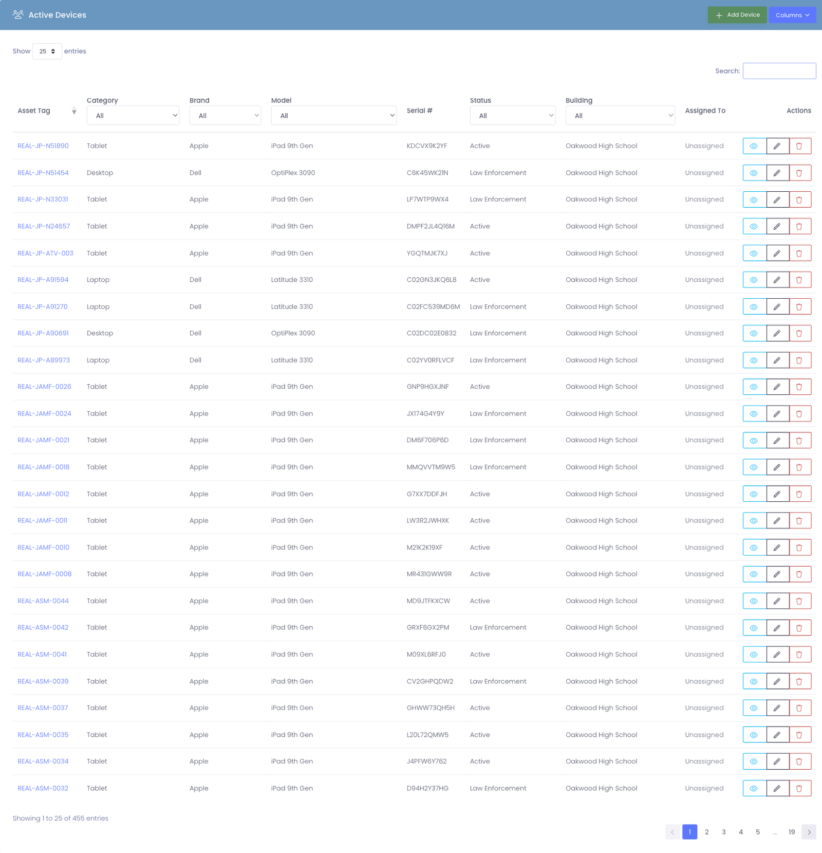 The View Devices table with Brand and Model as separate, filterable columns.