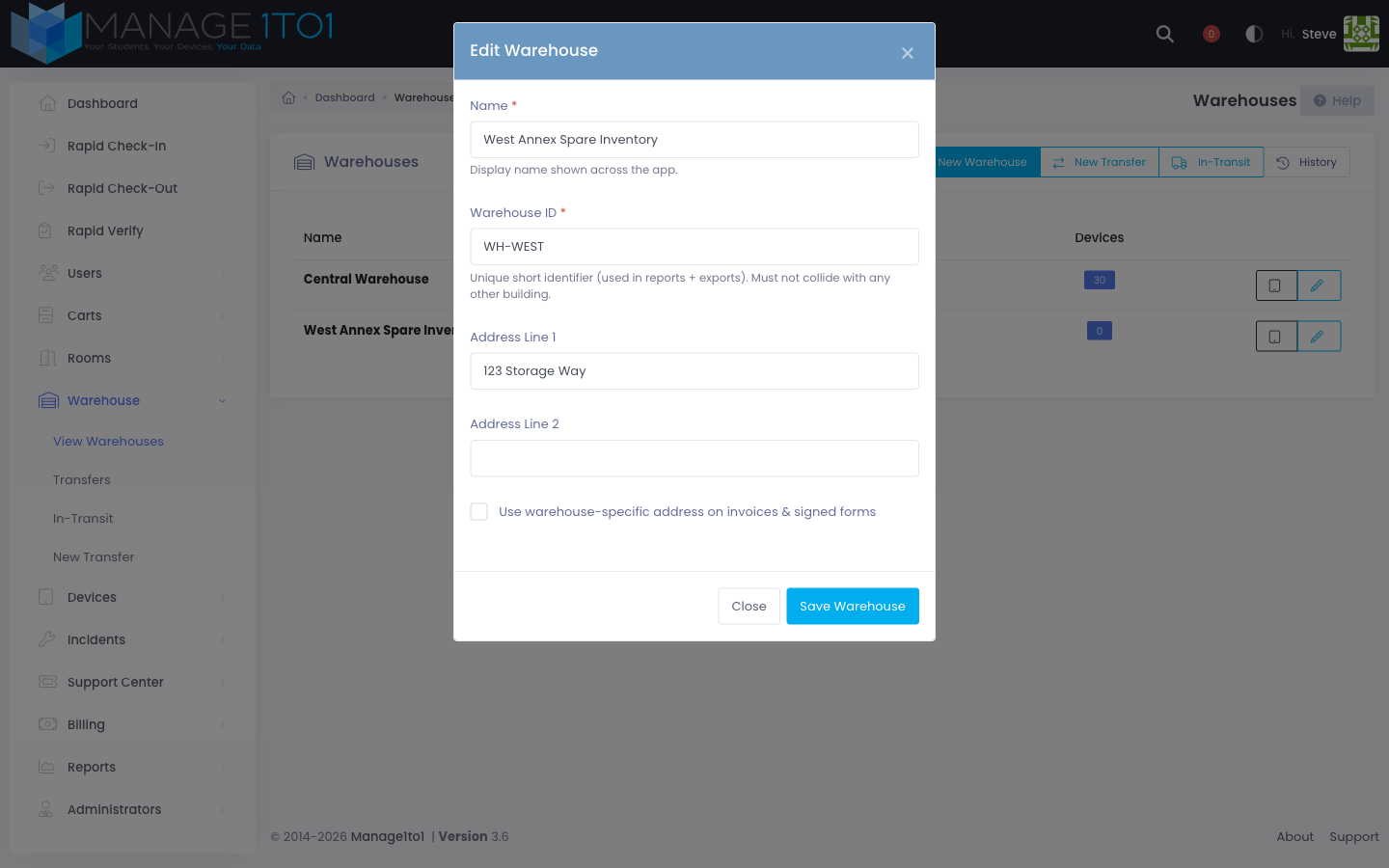 Edit Warehouse modal — same fields as create, prefilled with the current warehouse
