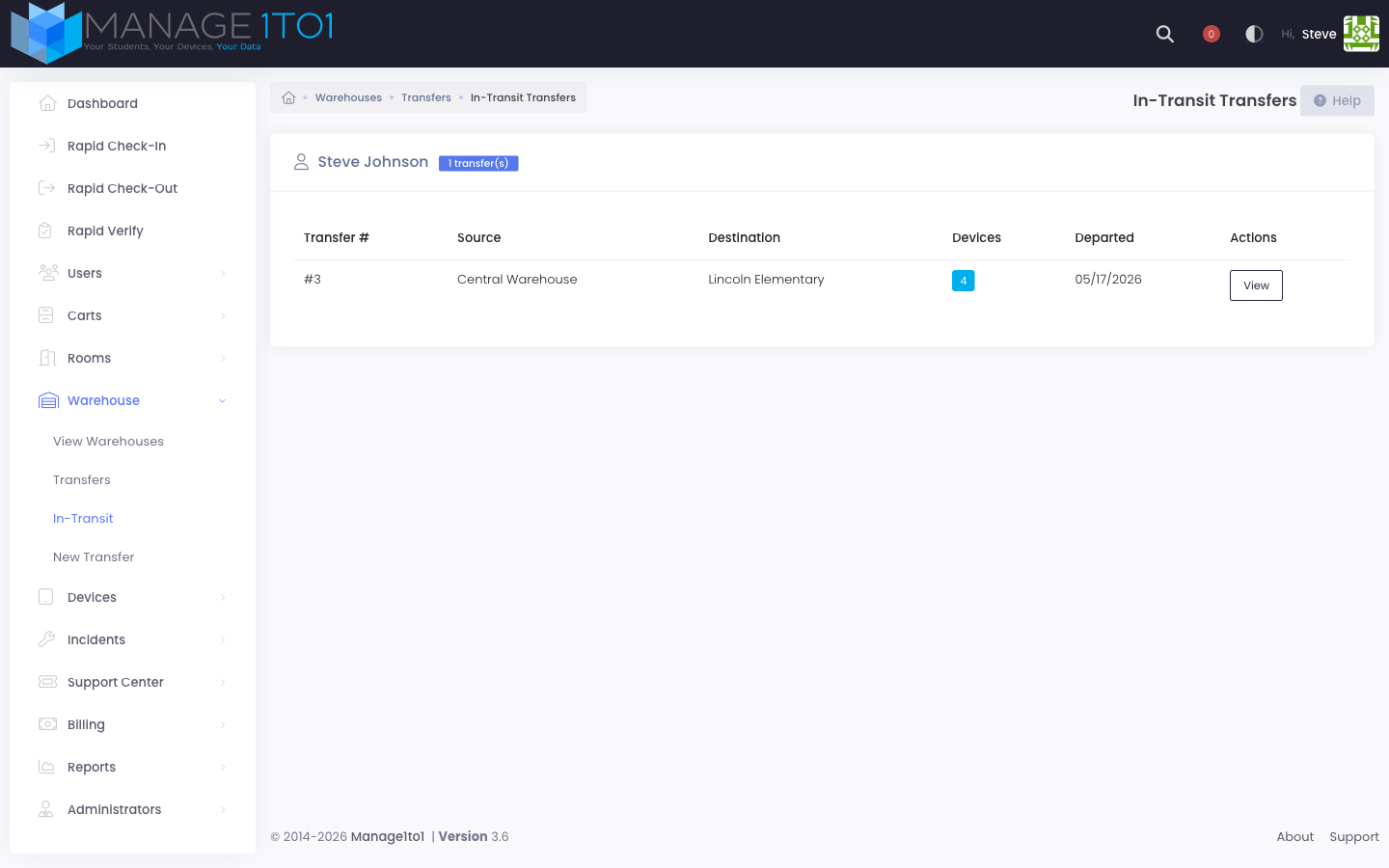 In-Transit page — transfers grouped by assigned technician with source, destination, device count, and departure date