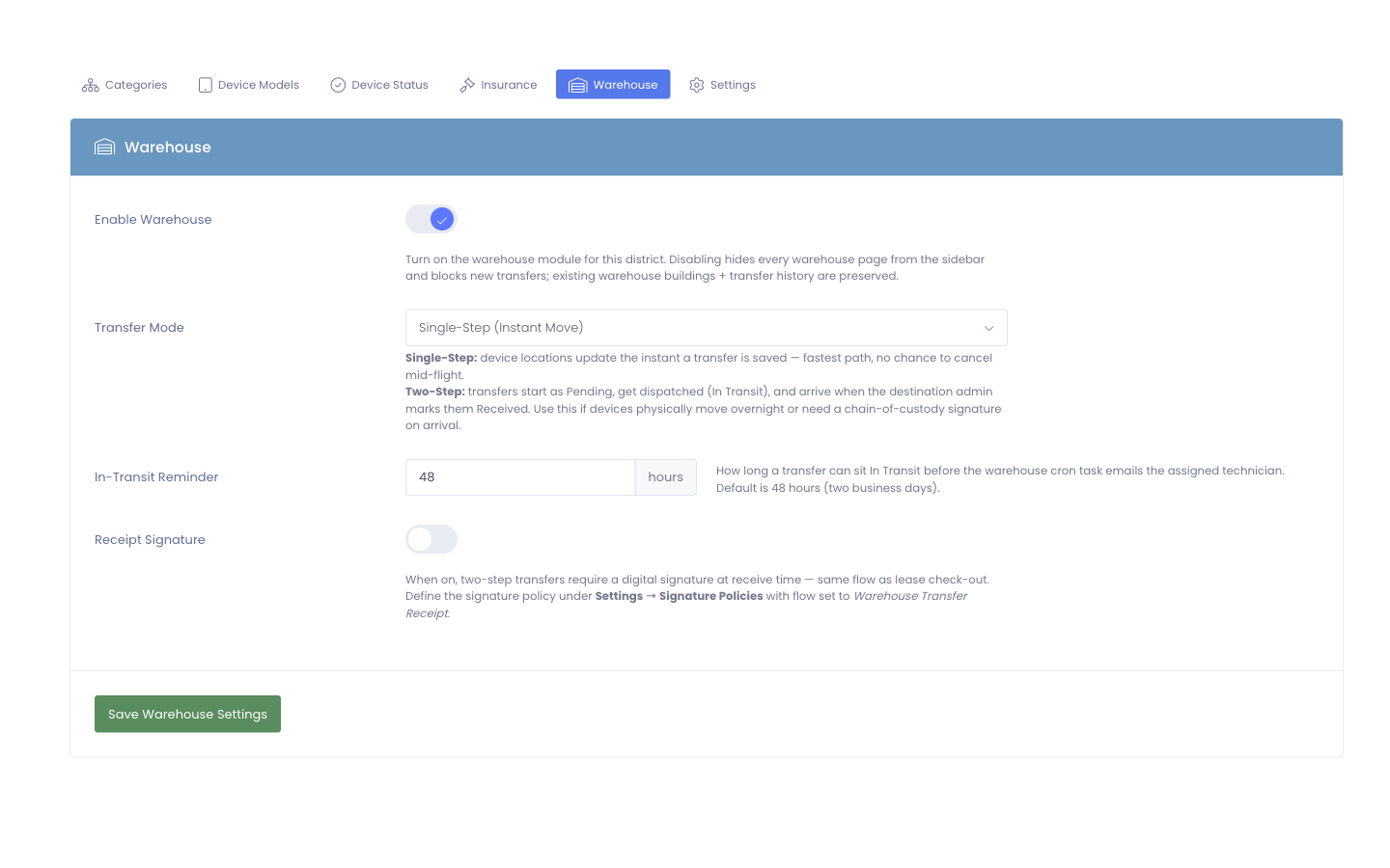 Inventory Settings → Warehouse tab — feature toggle, transfer mode, in-transit reminder, signature requirement