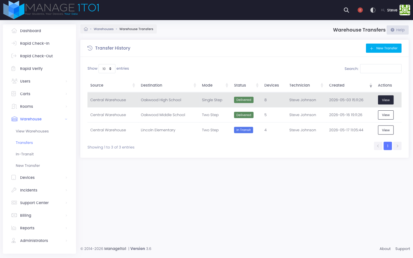 Transfer History DataTable — source, destination, mode, status badge, device count, technician, created date, View action