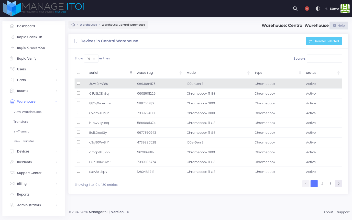 Warehouse devices list — checkboxes on each row, Transfer Selected button in the toolbar