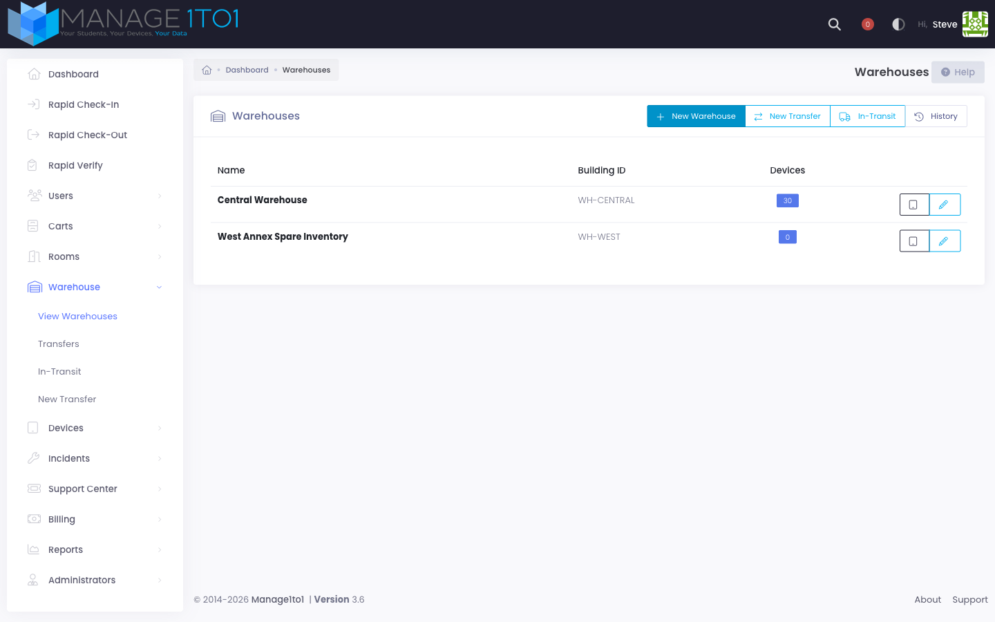 Warehouses list page — + New Warehouse toolbar button is the primary entry point for creating a warehouse