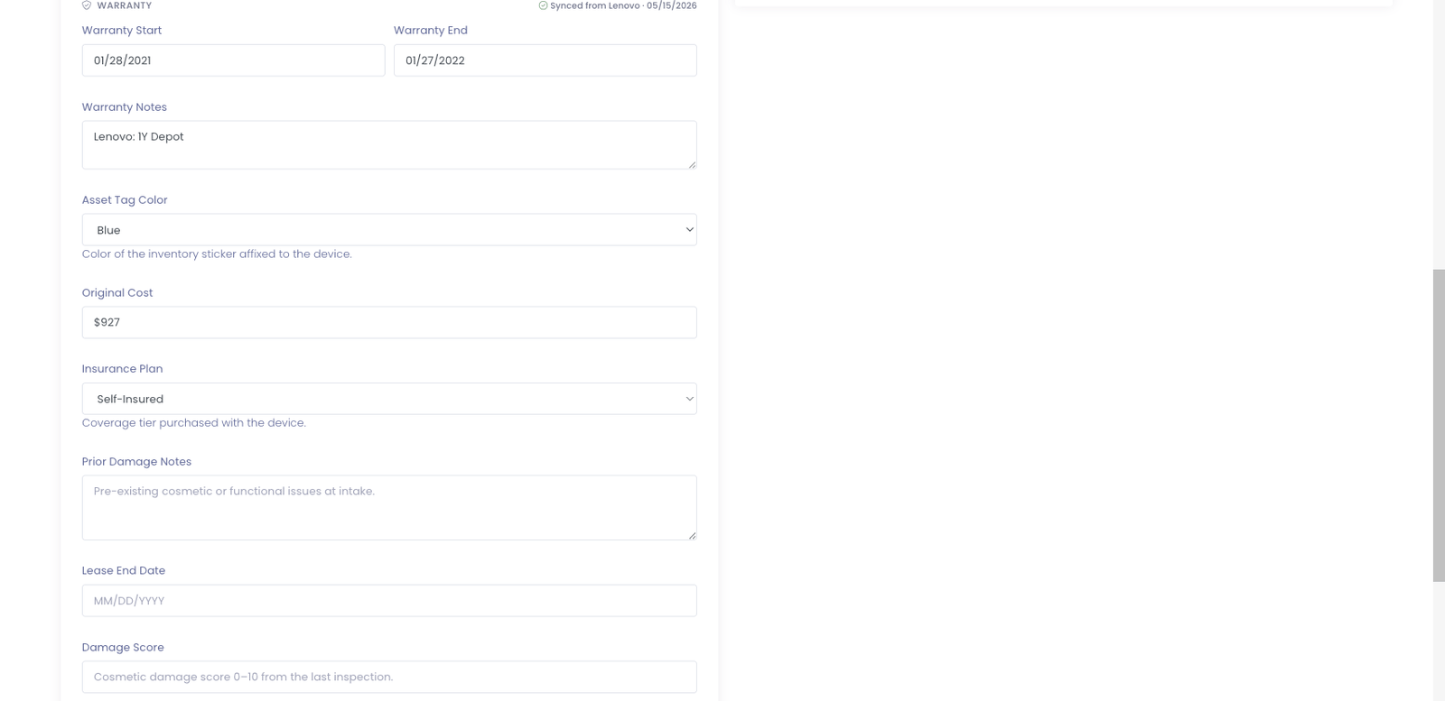 Warranty section on the edit form showing the synced-from status