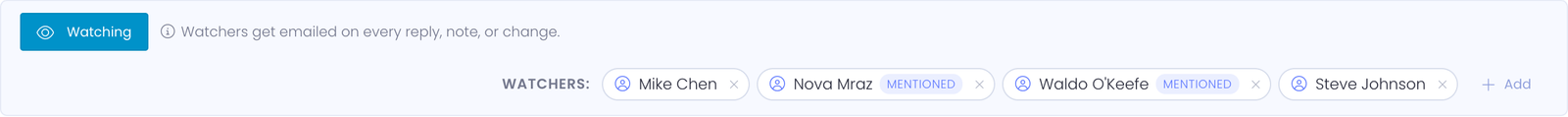 Watch toggle in the Watching state — filled eye icon and primary blue background