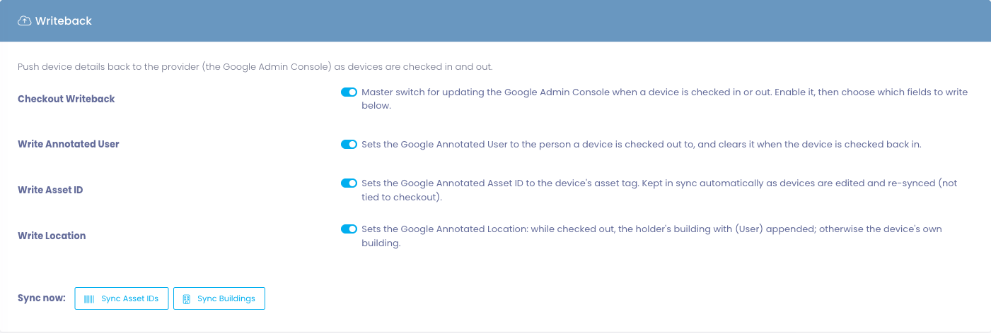 The Writeback section with the Checkout Writeback master toggle and Write Annotated User, Write Asset ID, and Write Location switches, plus the Sync now buttons